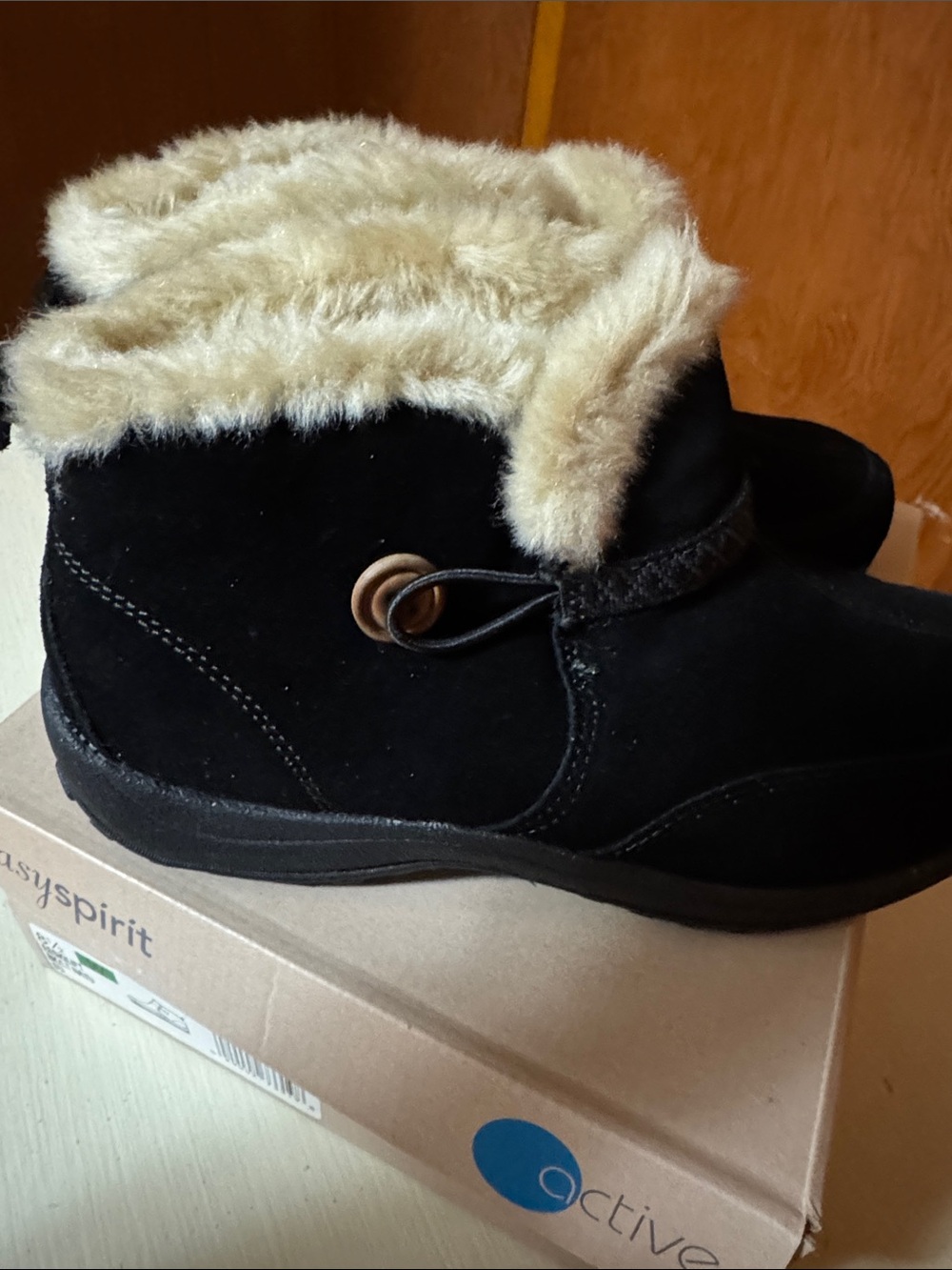Easy Spirit Black Suede Faux-Fur Cuff Winter Ankle Boots